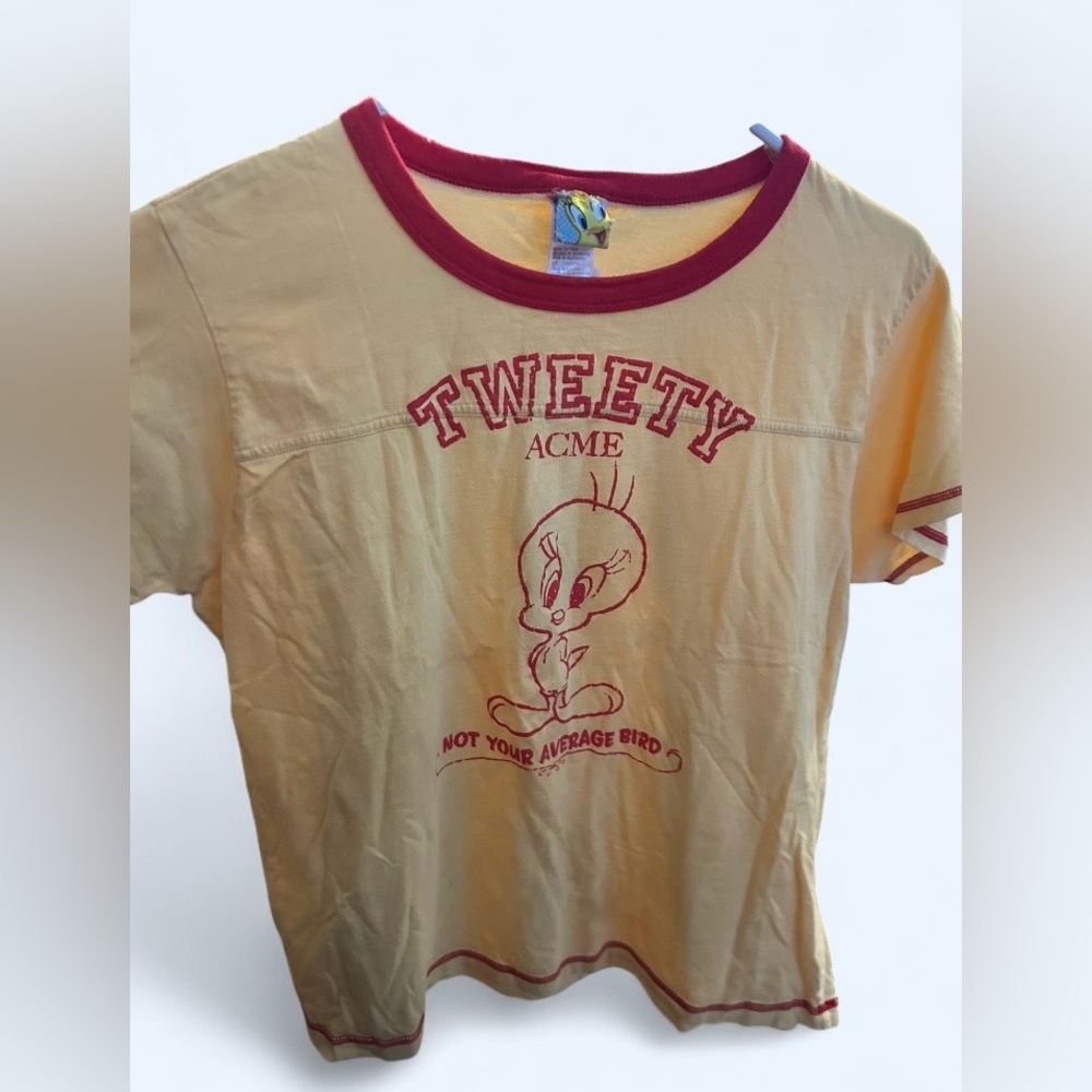 🐤 Vintage Tweety Bird Ringer Tee | Looney Tunes | Yellow & Red - Size L (12/14)